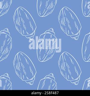 Nahtloses Unterwassermuster aus Muscheln im Line Art Stil. Handgezeichneter blauer Hintergrund für Meeresfrüchte-Design. Vektorabbildung. Stock Vektor