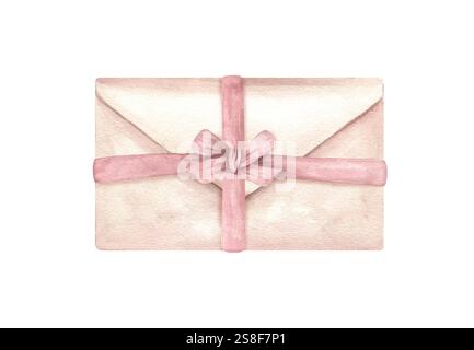 Rosa geschlossener Briefumschlag gebunden mit Textilband Aquarellillustration isolierter Hintergrund. Vintage-Brief bereit für den Valentinstag Stockfoto