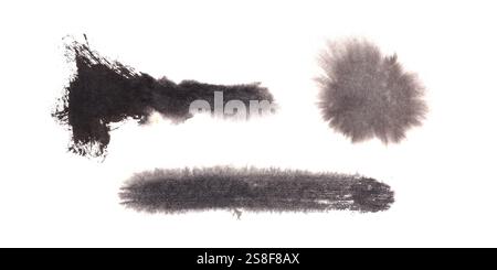 Set aus schwarzen indianertinten nassen Strichen, rauer monochromer Splatter-Kollektion in Aquarellfarben, grauen Farblinien Stockfoto