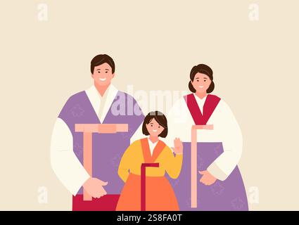 Ein Lächeln begrüßt koreanische Familie in traditioneller Hanbok-Kleidung. Chuseok Feier Thanksgiving Tag Vektor Illustration Stock Vektor