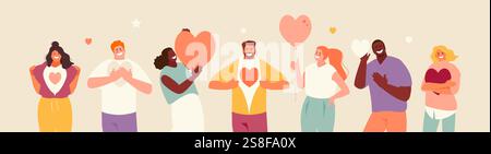 Lächelnde Menschen, die Liebe mit Herzen in den Händen ausdrücken. Valentinstag. Liebe und Begrüßung. Freiwilligenkonzept. Vektorabbildung Stock Vektor