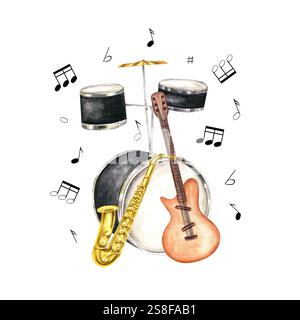 Aquarell-Schlagzeug, elektrische Gitarre, Saxophon mit fliegenden Musiknoten Illustrationskomposition. Musikinstrument im realistischen Stil. Orchester Stockfoto