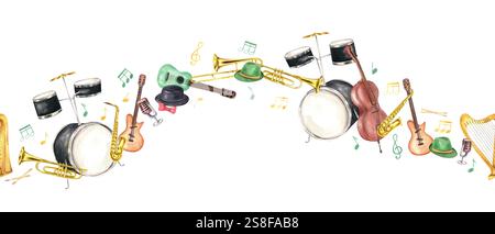 Klassische Instrumente mit Aquarellfarben, farbige Hüte, ein Mikrofon für Retro-Musik und fliegende Musiknoten nahtloses Banner mit isoliertem Hintergrund. Orchester Stockfoto