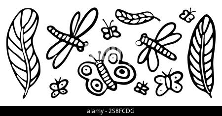 Schwarz-weiße Insektenabbildungen von Libellen und Schmetterlingen, verspielte, lehrreiche Sammlung minimalistischer Kritzeleien. Perfekt für Kinder und cre Stock Vektor