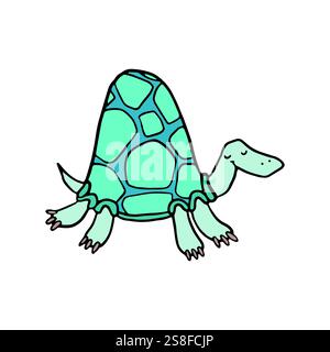 Fröhliche Zeichentrickschildkröte mit einer leuchtend blauen Schale, illustriert in einem einfachen, liebenswerten Stil, perfekt für Kinderbücher und lehrreiche Inhalte. Stock Vektor