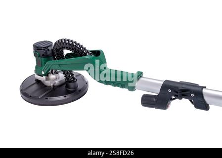 Wandschleifer mit Teleskopgriff und LED-Licht zum Glätten und Schleifen von Wänden isoliert auf weißem Hintergrund. Stockfoto
