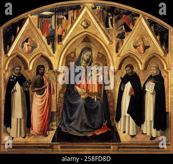 Jungfrau und Kind, St. Dominic und Johannes der Täufer links und St. Peter Martyr und Thomas von Aquin rechts, im oberen Teil Szenen aus dem Leben des hl. Peter Martyr (Vorhersage und Martyrium), Engel der Verkündigung, Gott Vater und Vergin verkündigen. Maria hält eine Ampulle in der Hand, in Bezug auf Maria Magdalenes Ampulle, also auf Jesu Leidenschaft. Beato Angelico - Fra Stockfoto