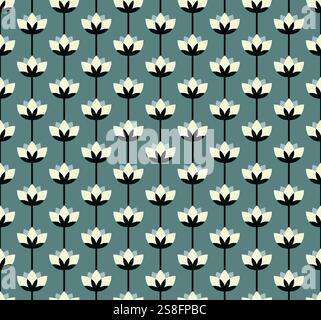 Geometrisches abstraktes, nahtloses Blumenmuster. Dekoratives Blumengitter. Vintage-Farbpalette schwarz weiß grau. Grafischer ornamentaler Hintergrund. Niedlich Stock Vektor