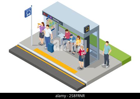 Ein detailliertes isometrisches Vektorbild einer öffentlichen Bushaltestelle. Umfasst Personen, die in einem geschützten Bereich warten, lesen und mit Zeitplänen und einem interagieren Stock Vektor