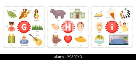 Lehrkarten mit Wörtern und Bildern nach den Buchstaben G, H, I. Kinderalphabet. Vektorabbildung Stock Vektor