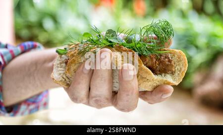 Hand Hält Brot Mit Shish Kebab, Defokussierter Hintergrund Stockfoto