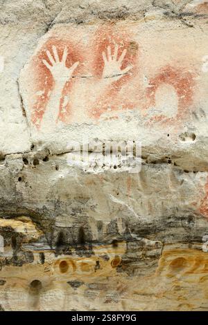 Menschliche Hände Felsmalereien der Aborigines, bekannt als die Art Gallery in Carnarvon Gorge, im Carnarvon National Park, Queensland, Australien Stockfoto