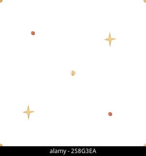 Geometrisches Muster von Sternen und Punkten in Aquarellen. Mit Illustration von Polka Dots, Konfetti, Kreisen in Beige, Rot auf weißem Hintergrund. Abstrakt Stockfoto