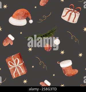Weihnachtsmann-Hut mit Aquarellmuster, Strumpf, Fäustling, Weihnachtsbaum, Neujahrsgeschenke. Weihnachtsillustration auf dunkelgrauem Hintergrund. Nahtloser Druck Stockfoto