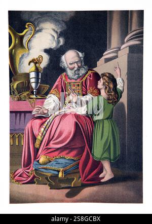 Illustration des jungen Samuel mit dem Hohepriester Eli am Tabernakel aus dem antiken 19. Jahrhundert die National Illustrated Family Bible - The Holy Stockfoto