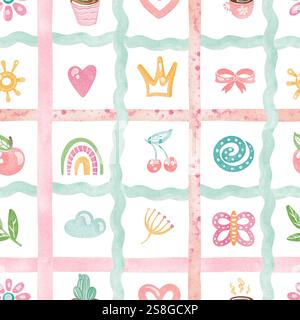 Niedliche karierte nahtlose Doodle-Muster-Illustration Stockfoto