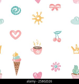 Nahtloses Aquarellmuster mit niedlichem Regenbogen, Schmetterlingen und Blumen Stockfoto