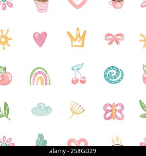 Nahtloses Aquarellmuster mit niedlichem Regenbogen, Schmetterlingen und Blumen Stockfoto