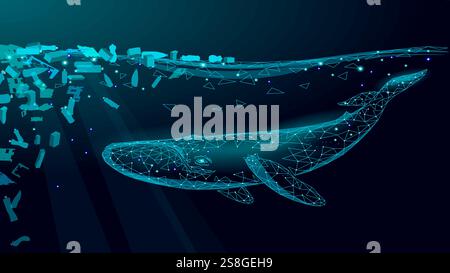 Low Poly 3D Wal Kunststoff Meeresverschmutzung Schwimmen unter Wasser. Wasseroberfläche dunkle Nacht glühende Wellen Müll. Save Help überleben Buckelwale Marine Stock Vektor