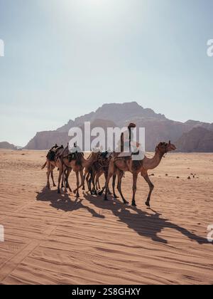 Beduinenmensch mit seiner Kamelherde in der Wüste von Wadi Rum, Jordanien. Stockfoto