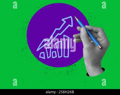 Zeichnen Sie mit der Hand ein aufsteigendes Diagramm. Finanzwachstum und Geschäftsplanung. Stockfoto