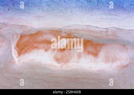 Am frühen Morgen wunderschönes Strandsandmuster, das aussieht wie ein schlafender Fuchs mit einer Linie von Fußspuren, die den Sand kreuzen, Daytona Beach, FL. Stockfoto