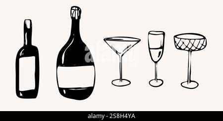 Hand gezeichneter Dinner Vektor Set mit Flaschen und Gläsern. Illustration in einem skurrilen Linienstil. Auffällige Konturen und minimale Details. Für Menüs Stock Vektor