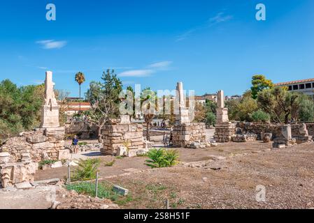 Die Ruinen des Odeons von Agrippa, ein zweistöckiges Auditorium im Zentrum der antiken Agora von Athen in Griechenland Stockfoto