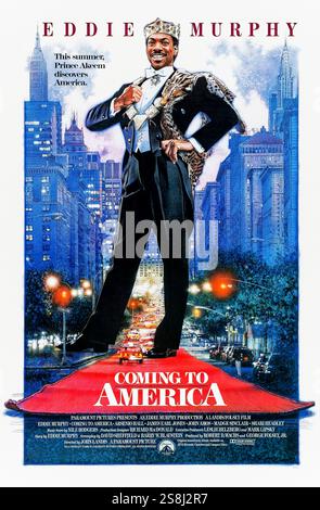Coming to America (1988) von John Landis mit Eddie Murphy, Arsenio Hall und James Earl Jones. Ein afrikanischer Prinz reist nach Queens, New York, auf der Suche nach einer Braut, erlebt die amerikanische Kultur, während er in einem Fast-Food-Restaurant arbeitet und wahre Liebe findet. Foto eines Original-Posters aus dem Jahr 1988 mit einem Blatt (US), das AUSSCHLIESSLICH ZUR REDAKTIONELLEN VERWENDUNG VON Drew Struzan VERWENDET WIRD. Quelle: BFA / Paramount Pictures Stockfoto