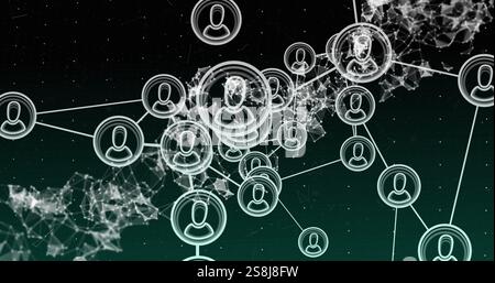 Bild des dna-Strangs über ein Netzwerk von Verbindungen mit Personensymbolen Stockfoto