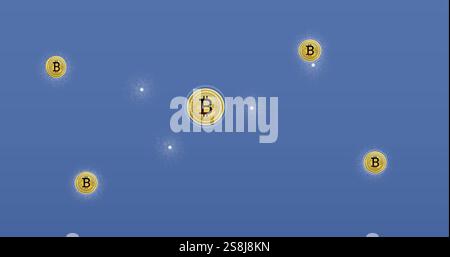 Bild der Verarbeitung von Bitcoins-Finanzdaten auf blauem Hintergrund Stockfoto