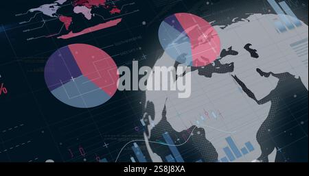 Abbildung von Diagrammen und Datenverarbeitung über den Globus Stockfoto