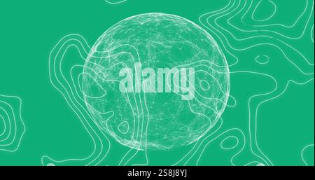 Bild einer leuchtenden Kugel und weißen Linien, die sich auf einer nahtlosen Schleife auf grünem Hintergrund bewegen Stockfoto