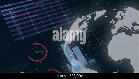 Abbildung von Diagrammen und Datenverarbeitung über den Globus Stockfoto