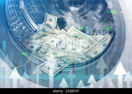 Dollar-Banknoten in der Waschmaschine und Diagramme auf virtuellem Bildschirm. Wechselkurskonzept Stockfoto