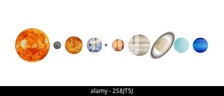 Planeten des Sonnensystems in einer Reihe von der Sonne auf weißem Hintergrund. 3D-Rendering Stockfoto