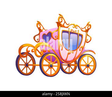 Hochzeit Hochzeit und Valentinstag Symbol der Märchen Liebe Kutsche, Cartoon Vektor. Rosa Hochzeitswagen auf goldenen Rädern und rosa Herzen Stock Vektor