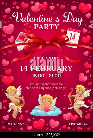 Valentinstag-Partyflyer mit romantischen Rot- und Rosa-Tönen. Vektorfestliches Einladungsplakat mit Engeln oder Engeln, Herzen, rotem Band, Calen Stock Vektor