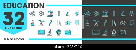 Symbole für Bildungslinien, lineare Vektorsymbole für Lernen und akademische Aktivitäten. Buch, Bleistift, Kompass, Graduierungskappe, Tafel oder Computer, chemisch Stock Vektor