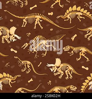 Prähistorische Dinosaurierfossilien nahtloses Muster. Dino Skelette, Knochen und Schädel Vektor Hintergrund. Zeichentrickfilm tyrannosaurus, triceratops, Stegosaurus, ve Stock Vektor