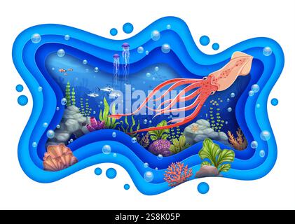Papier geschnittene Unterwasserlandschaft mit Tintenfischen, Fischschwärmen, Algen und Korallen. 3D-Vektor-Rahmen mit Unterwasserwelt, Zeichentrickfilm tropische Fische und Quallen Stock Vektor
