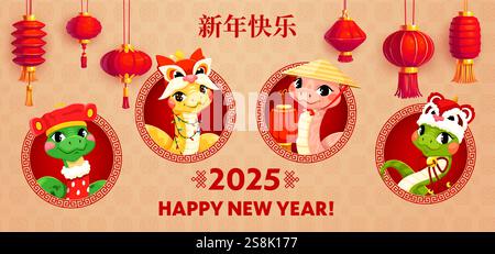 Lustige Zeichentrickschlangen Collage auf chinesischer Neujahrsgrußkarte. Vektor Asiatische CNY 2025 Feiertagsfahne mit niedlichen Reptilienfiguren in festlicher Kleidung in Stock Vektor