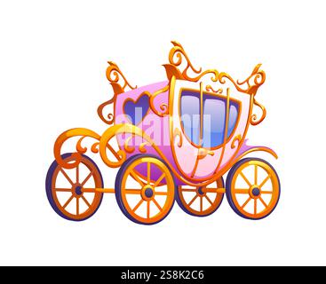 Hochzeit Hochzeit und Valentinstag Symbol der Märchen Liebe Kutsche, Cartoon Vektor. Rosa Hochzeitswagen auf goldenen Rädern und rosa Herzen Stock Vektor