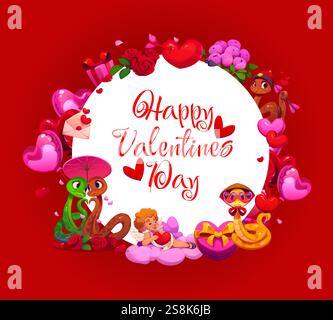Grußkarte zum glücklichen Valentinstag mit kreisförmigem Vektorrahmen umgeben von romantischen Elementen wie Zeichentrickschlangen, Cupiden, Rosen, Herzballons, Stock Vektor