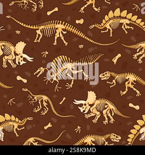 Prähistorische Dinosaurierfossilien nahtloses Muster. Dino Skelette, Knochen und Schädel Vektor Hintergrund. Zeichentrickfilm tyrannosaurus, triceratops, Stegosaurus, ve Stock Vektor