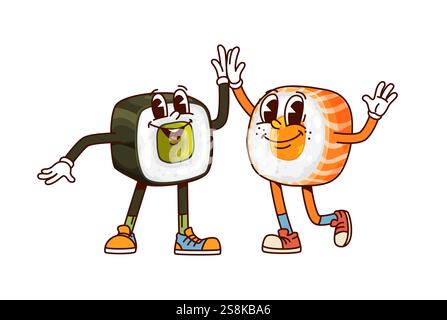 Fastfood-groovige Sushi- und Rollfiguren. Asiatische Küche Restaurant Menü Sushi komisch isolierte Retro-Persönlichkeiten. Sushi Maki und Thunfischrollen waren fröhlich Stock Vektor