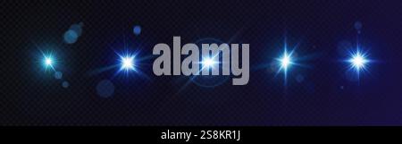 Glowing Glint Collection – hellblaue Linsensoren mit strahlenden Mitten, Verlaufsstrahlen und funkelnden Effekten auf transparentem Hintergrund. Schimmernde Elemente und magische Funkeln für kosmischen Lichteffekt. Stock Vektor