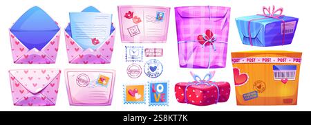 Cartoon-Postset mit Liebesmotiven - rosa Umschläge mit Herzmuster, versiegelte Briefe, romantische Briefmarken, Geschenkverpackungen, Karton-Paketbox mit Postaufklebern für die Zustellung von Valentinsmeldungen. Stock Vektor