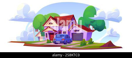 Auto parkt in der Nähe des Hauses mit grünem Garten isoliert auf weiß. Vektor-Zeichentrickillustration von nettem Ferienhaus mit Bäumen im Hinterhof, modernes Auto in Vorstadtstadt, Wolken im Himmel, private Immobilie Stock Vektor