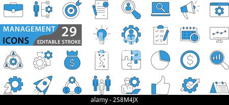 Symbole für Unternehmen und Verwaltung festgelegt. Sammlung von Verwaltungssymbolen. Vektor-Illustrator Stock Vektor